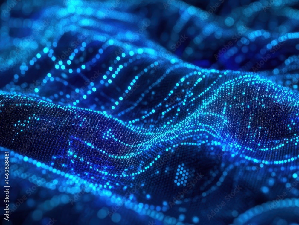 Poster Abstract blue digital landscape flowing with data points in futuristic style representing technology and connectivity concept