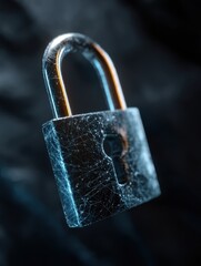Close up of a metallic padlock with digital web overlay floating in dark space security concept