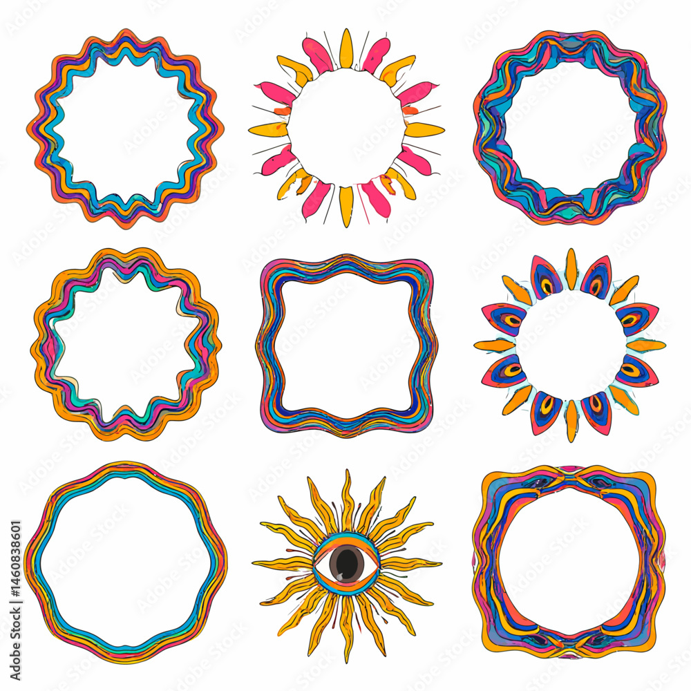 Poster collection of psychedelic frames and borders with vibrant colors for graphic design projects and cre