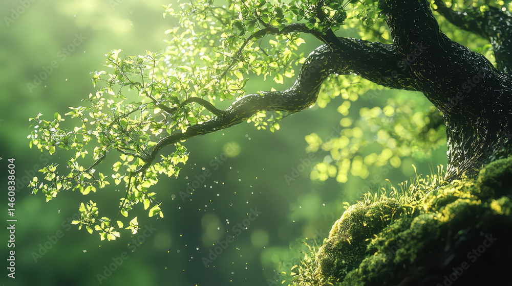 Poster an exquisite 3d nature background depicts sunlight filte through the canopy of a lush green tree in 