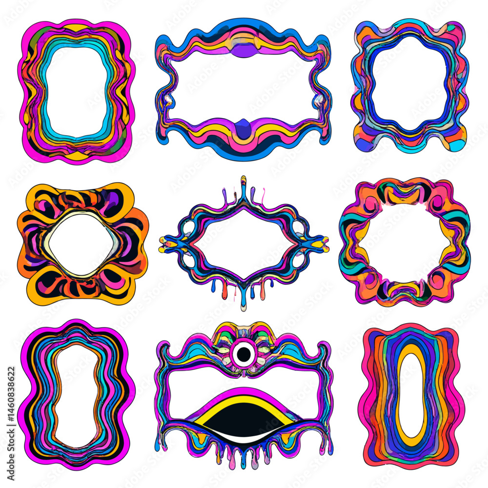 Poster collection of psychedelic frames with vibrant colors and unique shapes for creative design projects 