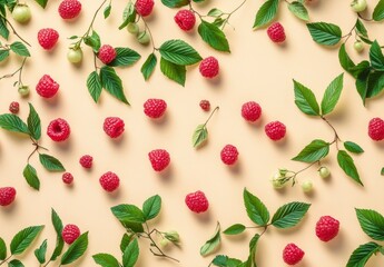 Fresh Raspberries and Green Leaves on a Light Beige Background