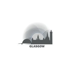 Obraz premium UK Scotland, Glasgow cityscape, skyline, city panorama vector flat logo, icon. United Kingdom townscape emblem concept with landmarks and building silhouettes at sunrise, sunset