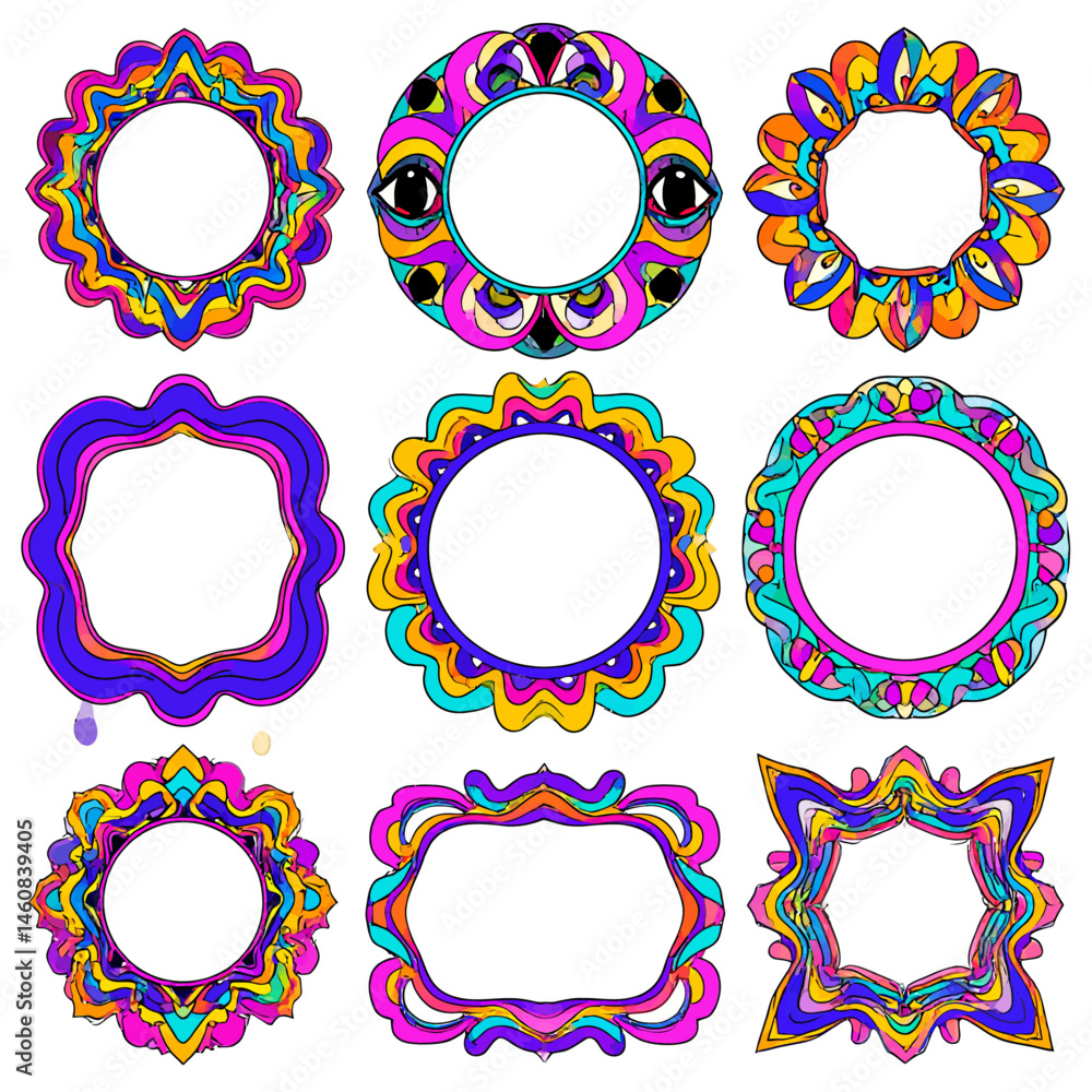 Poster Colorful psychedelic frames collection for graphic design projects and creative artwork that brings groovy vibes and retro style with vibrant patterns
