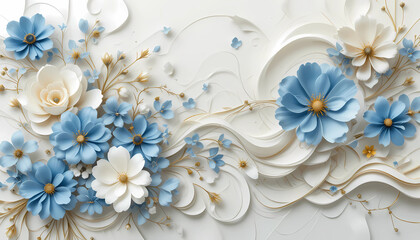 3D Paper Flower Background with Cream and Blue Floral Decoration on Blue Backdrop
