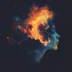 Woman in profile with fiery cloud explosion brain concept art illustration digital painting