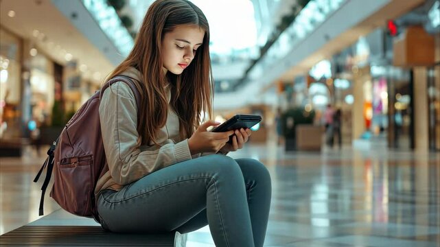 Sedentary teenage girl seated on a bench using her phone in a busy shopping mall, Sedentary teenage girl sit on a bench in public mall plays portable console game