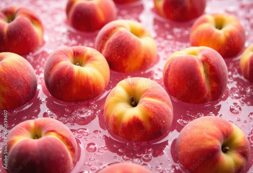 Poster fresh red apples floating in water with bubbles on a pink background