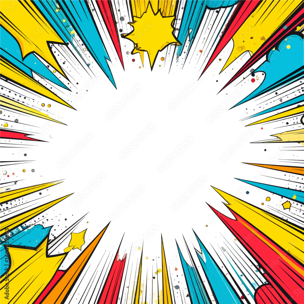 Poster comic book explosion background with dynamic rays and burst effects creating a vibrant backdrop for 