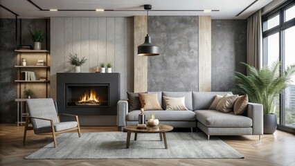 Modern living room interior with a sleek sofa and black fireplace in a minimalist style featuring a neutral color palette and industrial-chic accents, black fireplace, sleek sofa