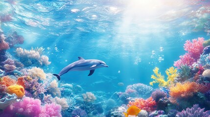 Fototapeta premium Vibrant underwater scene, colorful coral reef teeming with fish, sunlight filtering through water, perfect for marine conservation themes.