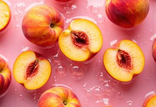 Fresh peaches sliced in half, showcasing juicy flesh and vibrant colors