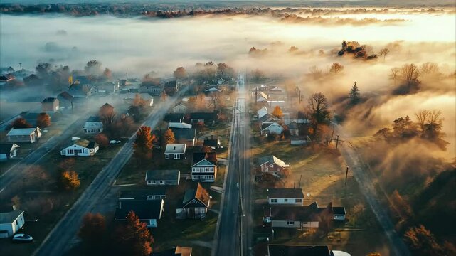Fog envelops the small town of Carlton in Michigan during early morning hours, Small town of Carlton with foggy horizon in Michigan, USA, aerial drone view