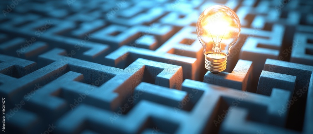 Aufkleber Lightbulb Illuminates Maze Closeup Conceptual Metaphor for Solution Finding and Innovation Challenge Blue Toned Abstract Design