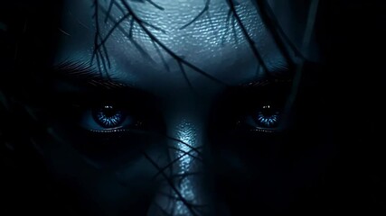 Glowing icy-blue eyes of a shadowy figure emerge through tangled branches in a dark forest with eerie fog, a rapid zoom-in handheld video, mysterious horror-filled atmosphere