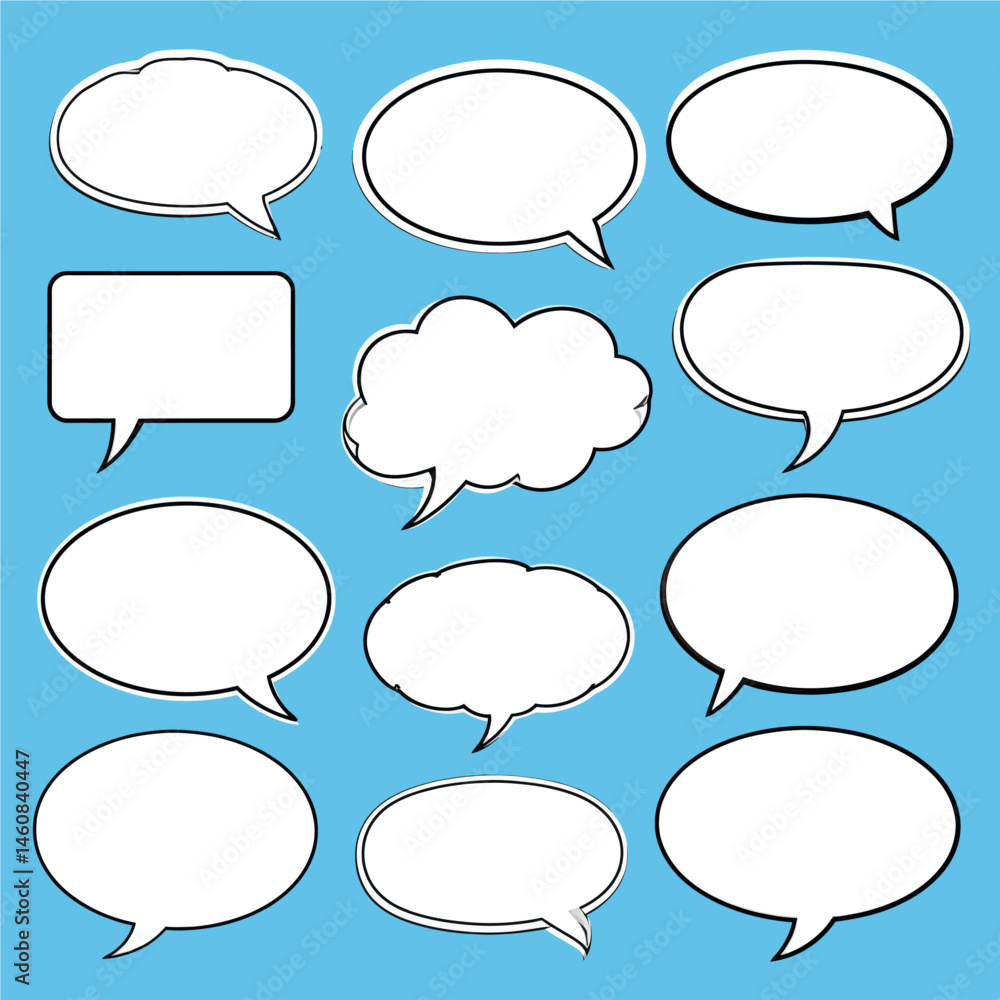 Poster diverse set of speech bubbles and thought balloons on a light blue background ideal for communicatio