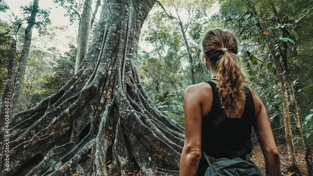 Poster exploring the majestic roots and trunk of a large tree in the jungle forest of q, roots and trunk of