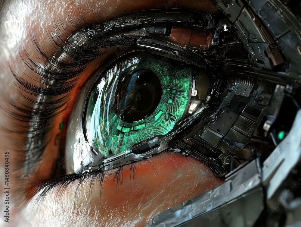 Aufkleber Close-up of a Humanoid Robot Eye with Intricate Mechanical Details and a Green Circuitry Iris Futuristic Concept