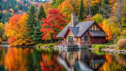 Cozy cottage by lake with vibrant fall colors, wooden beams and chimney, wood, autumn,  wood