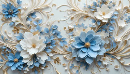 3D Paper Flower Background with Cream and Blue Floral Decoration on Blue Backdrop
