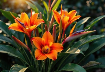 Fototapeta premium Vibrant orange flowers blooming amidst lush green foliage