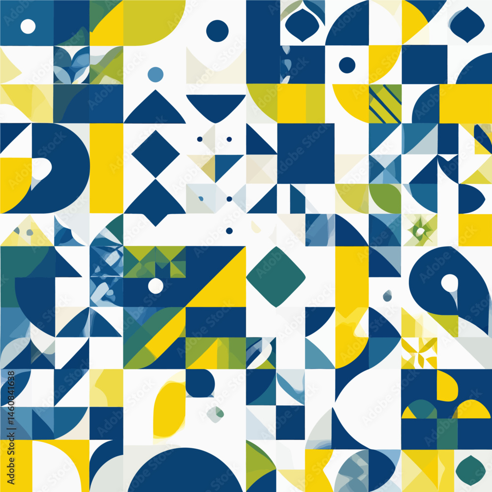Poster geometric abstract background with blue yellow and green shapes creating a modern mosaic pattern for