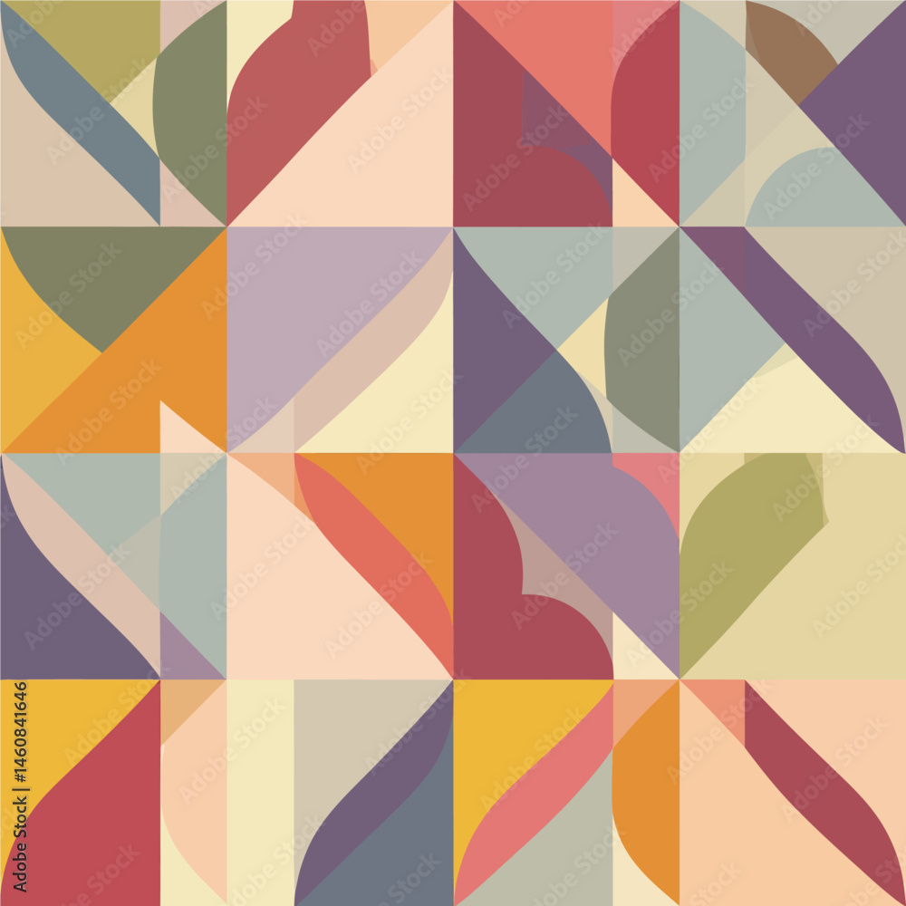 Poster geometric abstract pattern featuring triangles, circles, and squares with a retro color palette offe