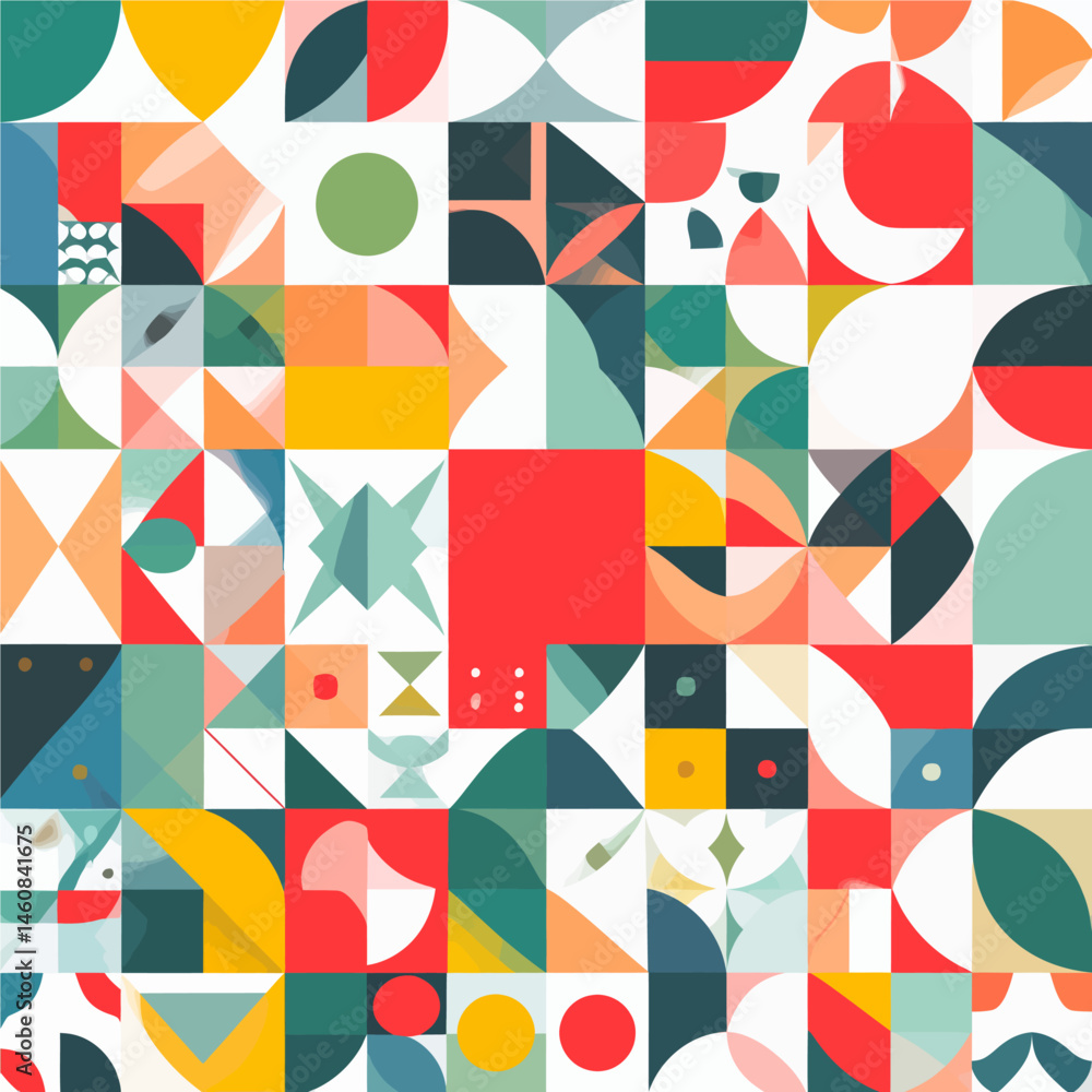 Poster geometric abstract pattern with circles squares triangles and vibrant colors for modern design proje