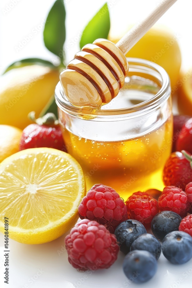 Poster close up of honey jar with honey dipper surrounded by fresh berries and lemon slices still life