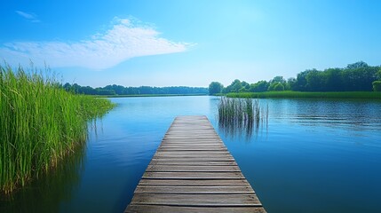 Obraz premium Serene view of a wooden dock extending into a tranquil blue lake surrounded by lush greenery.