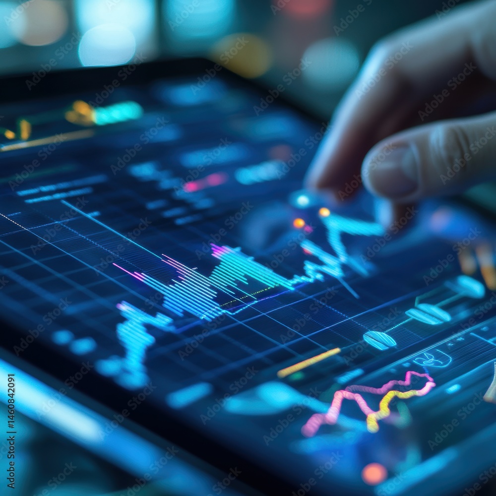 Poster close-up of hand analyzing stock market data on tablet screen with financial charts in blue tones in