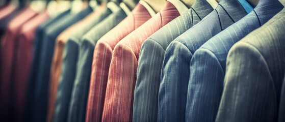 Obraz premium Row of Colorful Men's Suits Hanging in a Clothing Store, Close Up, Business Attire, Fashion, Style, Elegance, Tailoring, Retail