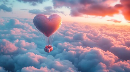 Fototapeta premium A Box flying on a parachute with pink cloud in valentine day,package flying down from sky and cloud with parachute, concept for delivery service,shopping online,air delivery service.