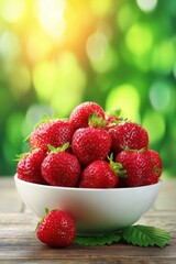Bowl of Fresh Strawberries on Wooden Table with Bokeh Background Close Up Still Life Food Photography