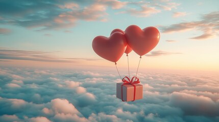 Fototapeta premium A Box flying on a parachute with pink cloud in valentine day,package flying down from sky and cloud with parachute, concept for delivery service,shopping online,air delivery service.