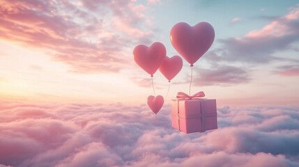 Fototapeta premium A Box flying on a parachute with pink cloud in valentine day,package flying down from sky and cloud with parachute, concept for delivery service,shopping online,air delivery service.