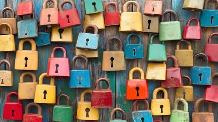 Colorful Padlocks on Wooden Wall