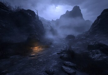 Misty Mountain Pathway at Dusk with Dramatic Cloudy Sky