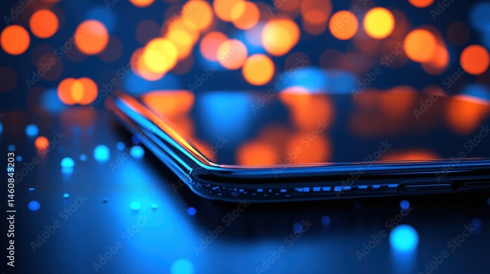 Poster Smartphone on Reflective Surface with Bokeh Lights Abstract Close Up Shot for Technology and Innovation Concepts