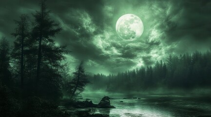 Enchanted Night with Full Moon over Mysterious Foggy Forest