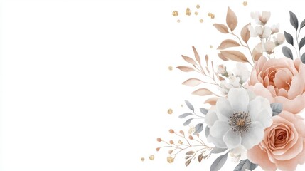 Floral arrangement with soft pastel colors, elegant design featuring roses and greenery, ideal for invitations or decor.