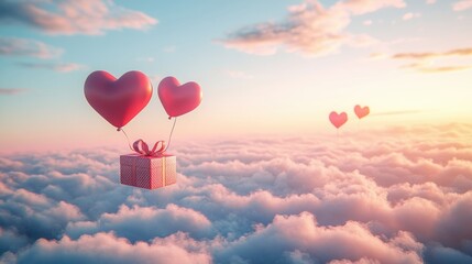 Fototapeta premium A Box flying on a parachute with pink cloud in valentine day,package flying down from sky and cloud with parachute, concept for delivery service,shopping online,air delivery service.