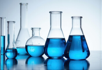 Various laboratory glassware filled with vibrant blue liquids