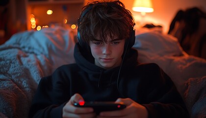 Teenager plays games at night