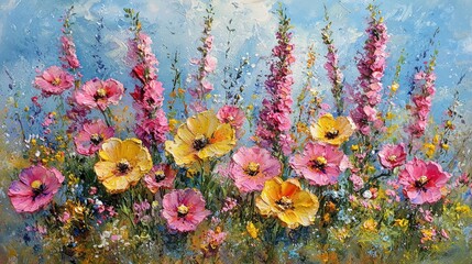 Vibrant wildflowers in a sunny meadow, painted with impasto technique, showing pink and yellow blooms