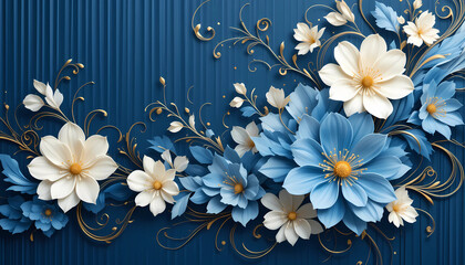 3D Paper Flower Background with Cream and Blue Floral Decoration on Blue Backdrop
