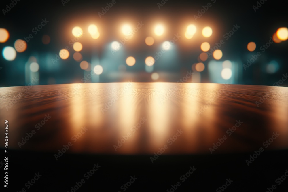 Poster wooden table surface with bokeh lights background in warm tones studio shot product display mockup t