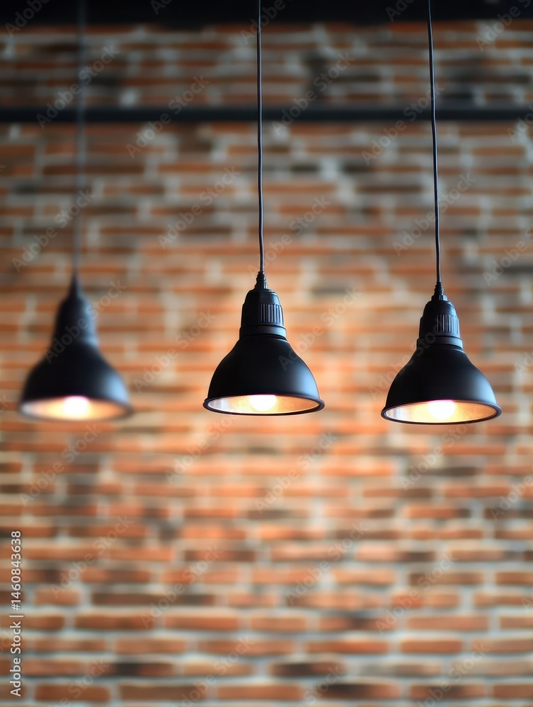 Poster three pendant lights illuminate a brick wall creating a warm and inviting atmosphere in interior des