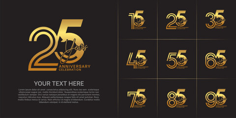 Anniversary set design with double line number and handwriting. golden color for celebration event