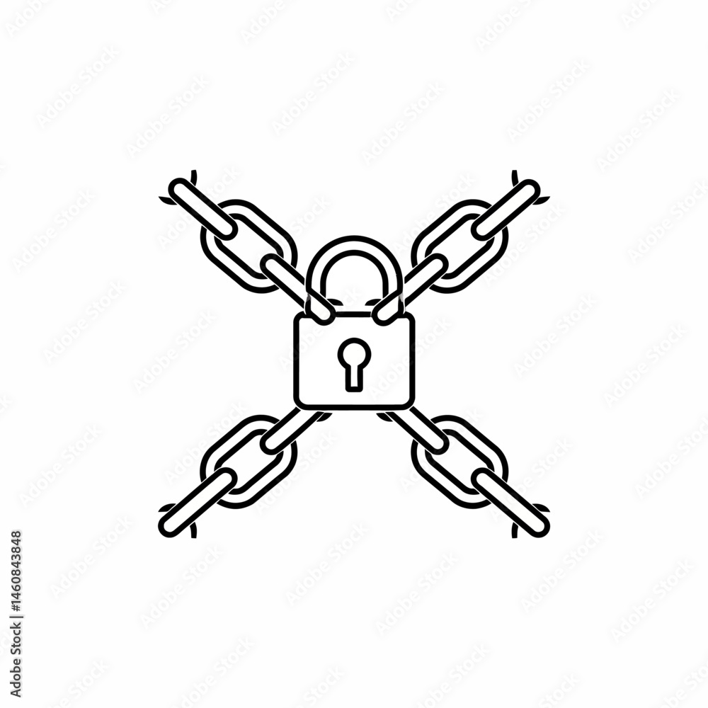 Poster padlock and chains in cross shape symbolize security and protection against unauthorized access and 